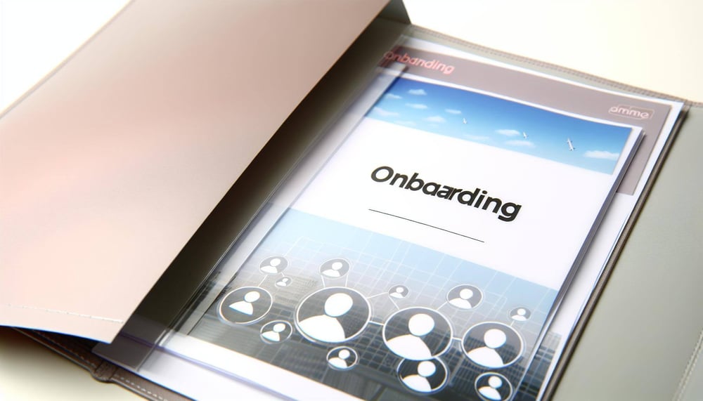 Detailaufnahme einer geöffneten Onboarding Mappe. Ein neuer Mitarbeiter sitzt an seinem Arbeitsplatz und studiert aufmerksam die Informationen aus seiner Willkommensmappe, die wichtige Inhalte über den Onboarding-Prozess und die Unternehmenskultur enthält. Die Mappe bietet nützliche Tipps und eine Checkliste, um die Einarbeitung und Integration ins Team zu unterstützen.