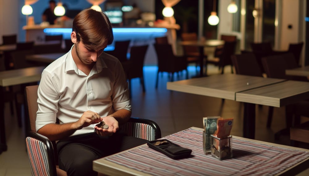 Kellner zählt Trinkgeld nach Schichtende im Restaurant