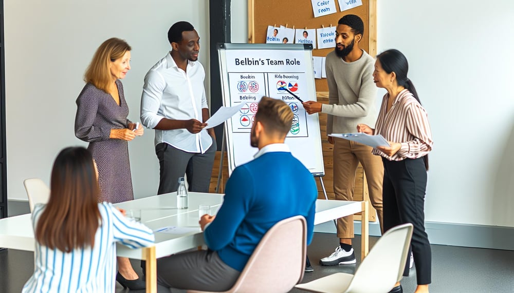 Mitarbeiter bewerten ihre Teamrollen nach Belbin während eines Workshops