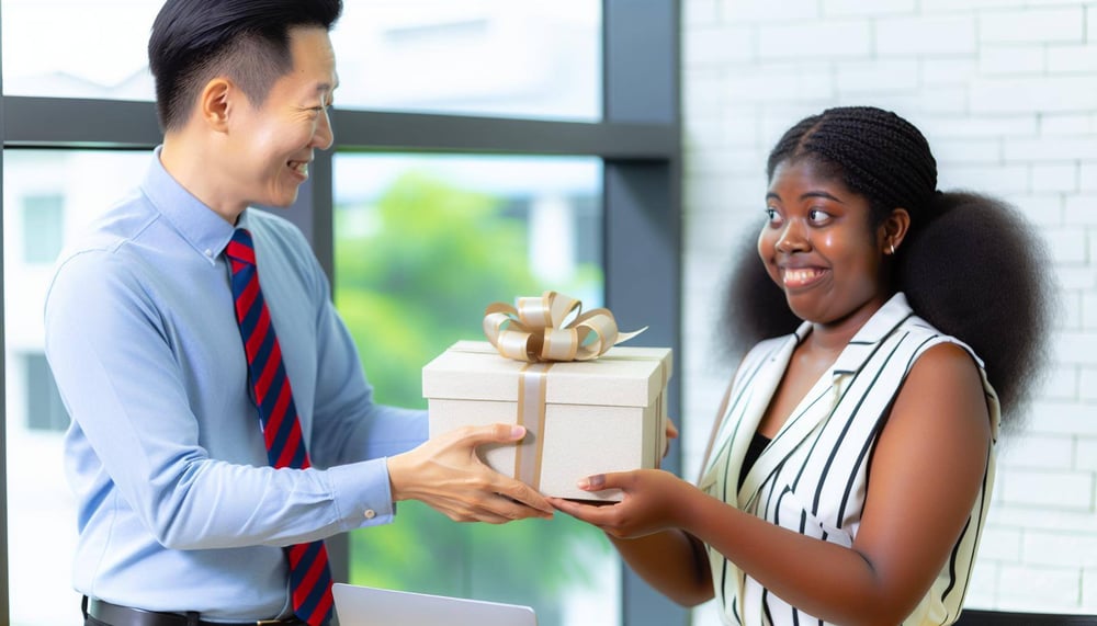 Neuer Mitarbeiter erhält Willkommensgeschenk vom Vorgesetzten
