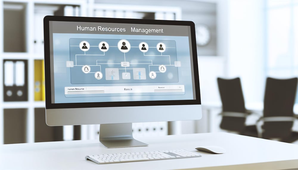Personalwesens Ein Computerbildschirm zeigt eine Personalverwaltungssoftware mit Mitarbeiterdaten und Organisationsstruktur, was die Effizienz in der