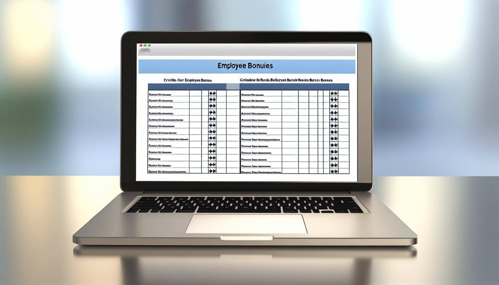 Tabelle mit Kriterien für Mitarbeiterboni auf Laptop