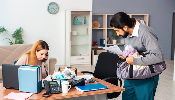 Vater beantragt Sonderurlaub Geburt im Büro und Mutter bereitet sich auf die Geburt vor. 