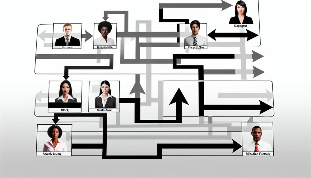 Visualisierung eines Organigramms mit Pfeilen, die eine Versetzung von Mitarbeitern in verschiedene Abteilungen darstellen