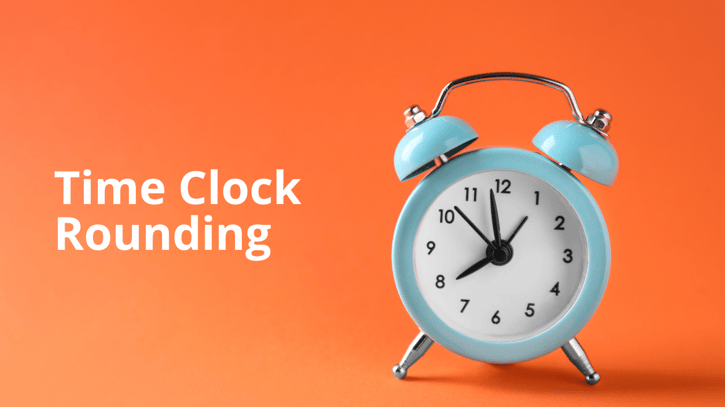 Alarm clock on color background with time clock rounding written on the left