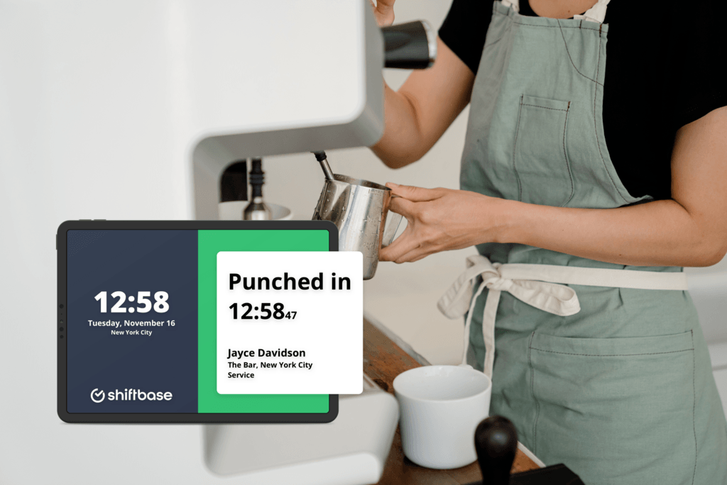 Cafe Employee in apron foaming milk at coffee machine, Shiftbase punch in clock notification