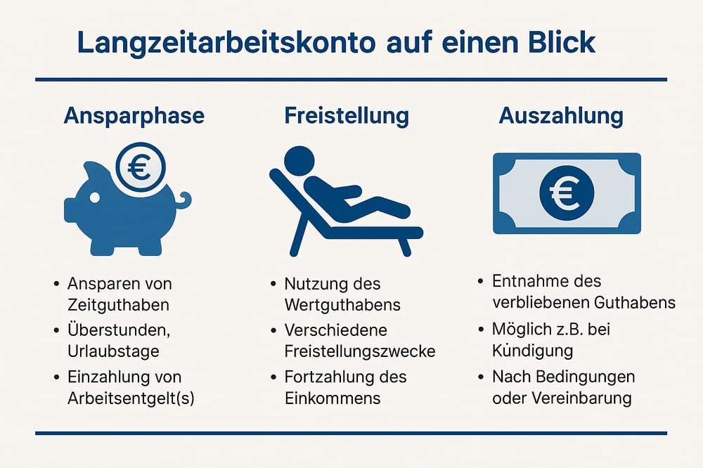 Langzeitarbeitskonto auf einen Blick – Übersicht über Ansparphase, Freistellung und Auszahlung