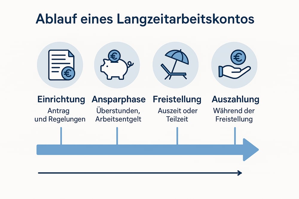 Ablauf eines Langzeitarbeitskontos – Zeitstrahl von Einrichtung bis Auszahlung