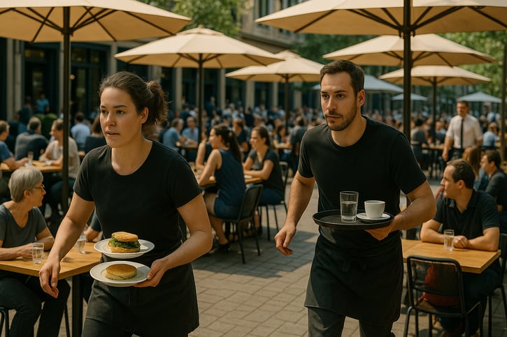 medewerkers die druk op een terras aan het werk zijn