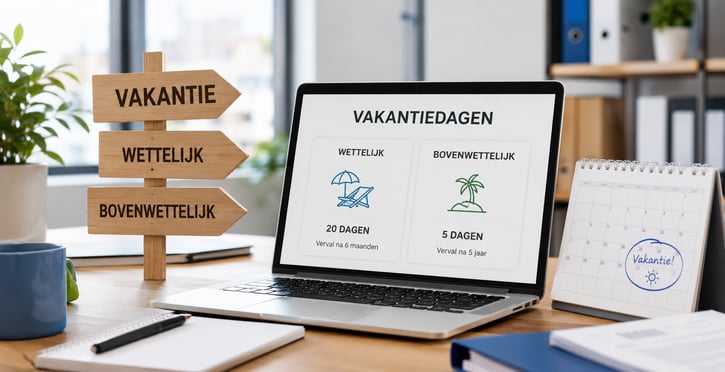 Laptop met overzicht van wettelijke en bovenwettelijke vakantiedagen voor verlofadministratie op kantoor.