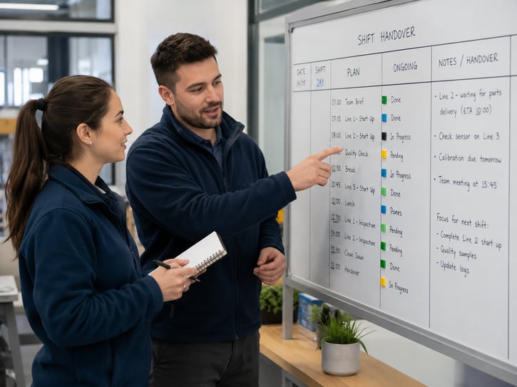 Planner en collega bespreken samen de dagplanning en dragen openstaande werkzaamheden over bij een planbord.