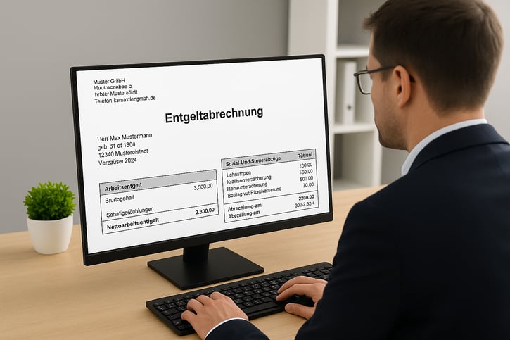 Arbeitgeber erstellt digitale Gehaltsbescheinigung im Büro - Arbeitsentgelts bzw Entgeltabrechnung