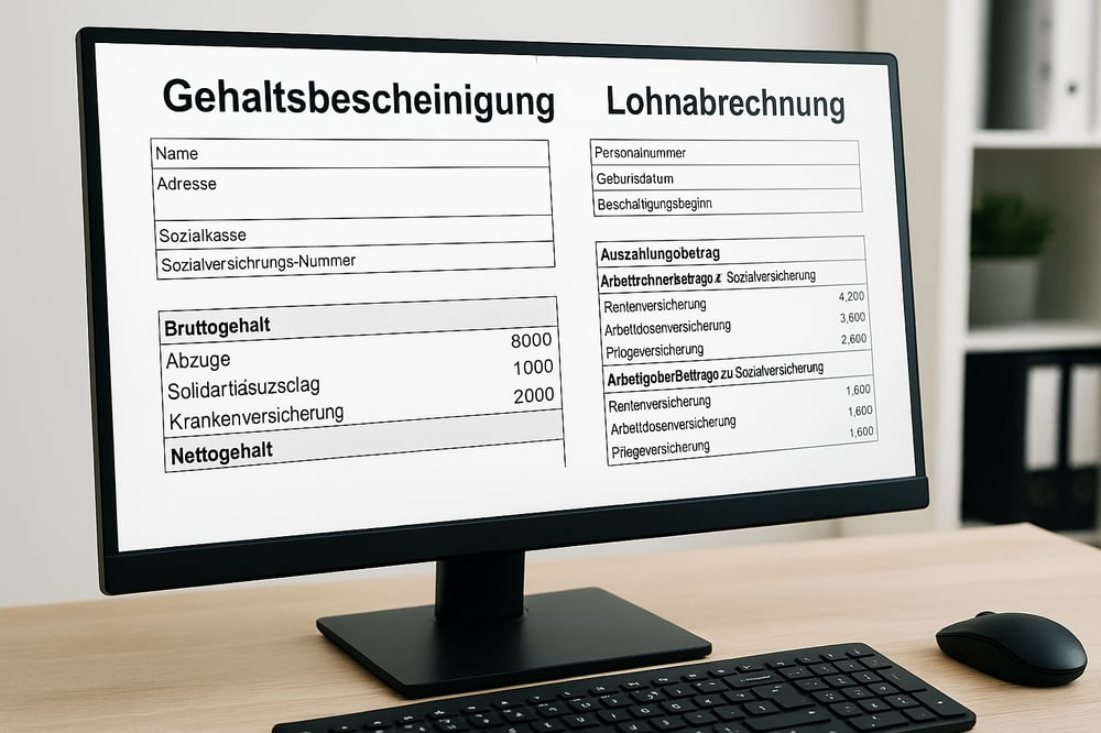 Das Bild zeigt einen Computerbildschirm, auf dem eine Gehaltsbescheinigung und eine Lohnabrechnung nebeneinander angezeigt werden. Diese Dokumente enthalten wichtige Informationen über das Gehalt, Abzüge und Sozialversicherungsbeiträge für Arbeitnehmer und Arbeitgeber.