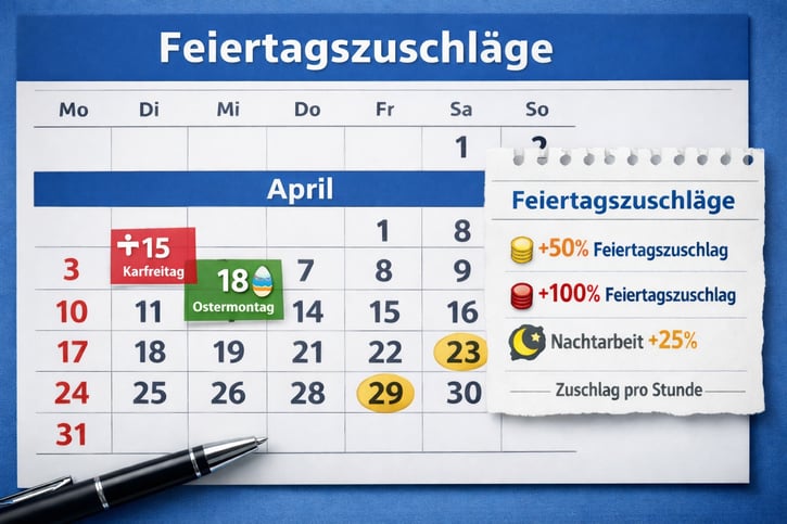 Ein Kalender mit markierten Feiertagen und hervorgehobenen Zuschlägen zur Veranschaulichung des Feiertagszuschlags