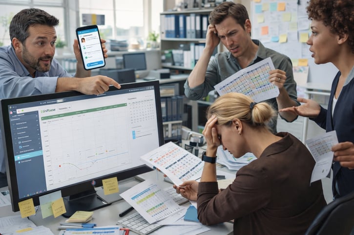 Chaotische Urlaubsplanung im Team im Büro – HR koordiniert Mitarbeiter-Abwesenheiten