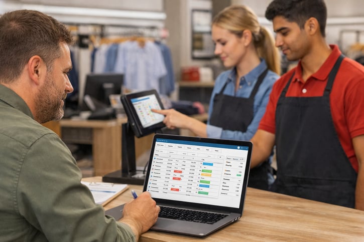 Retail store manager reviewing employee clock-ins and breaks in a time tracking dashboard while two staff members clock in at a shared tablet kiosk.