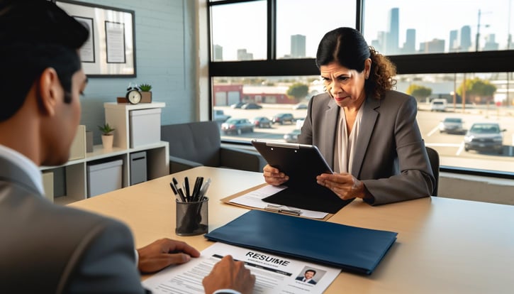 Arbeitgeber überprüft einen Lebenslauf auf einem Tablet im Büro - Bewertung von Bewerbern