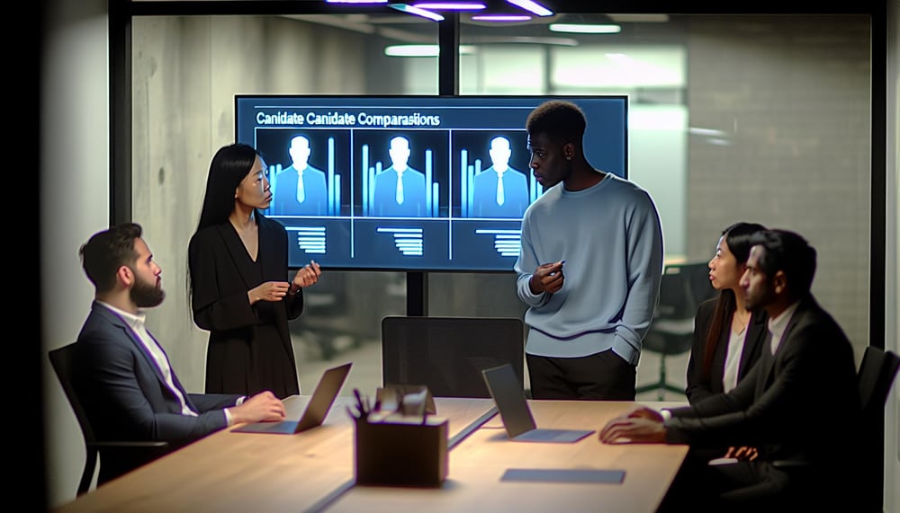 Büroteam bespricht Kandidatenvergleiche an einem digitalen Bildschirm Kandidatenvergleich im Büro