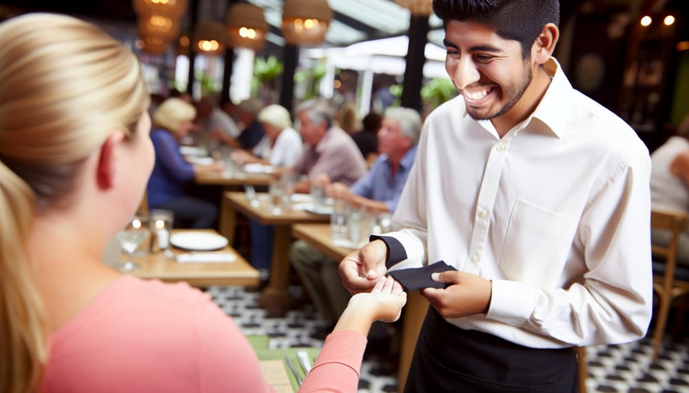 Bild eines Kellners in einem Restaurant, der Trinkgeld erhält, als Symbol für effektive Trinkgeldverwaltung in der Gastronomie