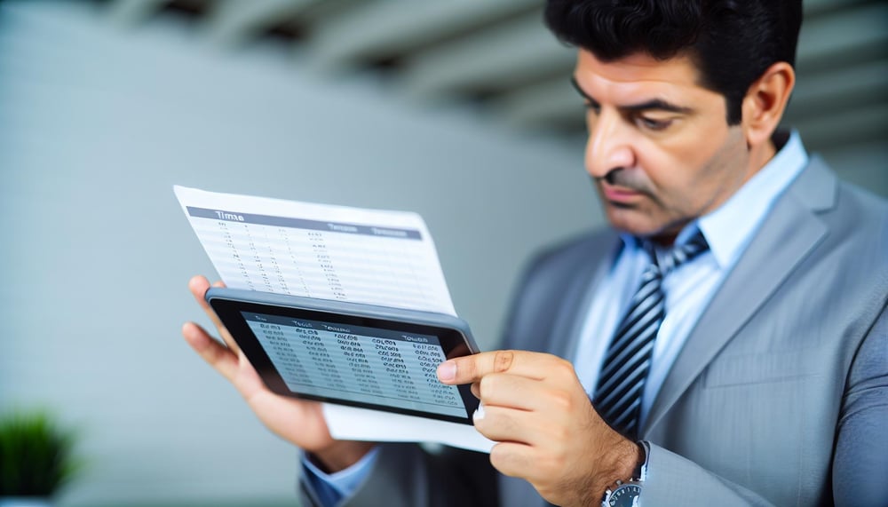 Ein Arbeitgeber überprüft das Arbeitszeitkonto eines Mitarbeiters auf einem Tablet, um die geleisteten Arbeitsstunden und Überstunden für die monatlic