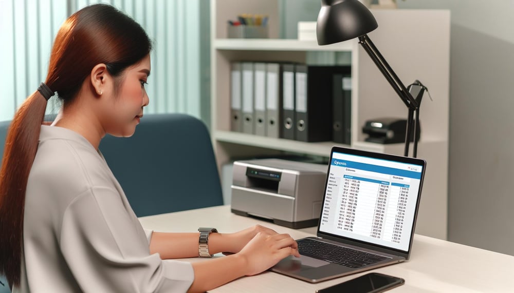 Ein Arbeitgeber aktualisiert das Arbeitszeitkonto eines Angestellten auf einem Laptop, wobei der Bildschirm detaillierte Listen von Arbeitsstunden und
