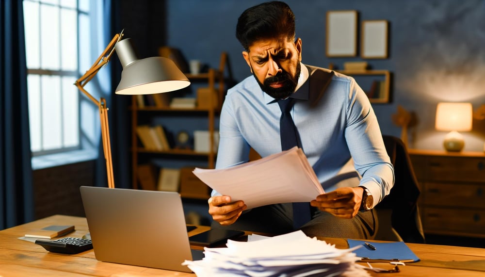 Elternzeit Lohnfortzahlung Vater überprüft Unterlagen im Büro