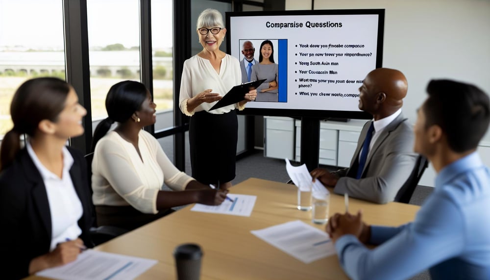 Mitarbeiter hält eine Präsentation vor Kollegen in einem Besprechungsraum Einsatz von Vergleichsfragen