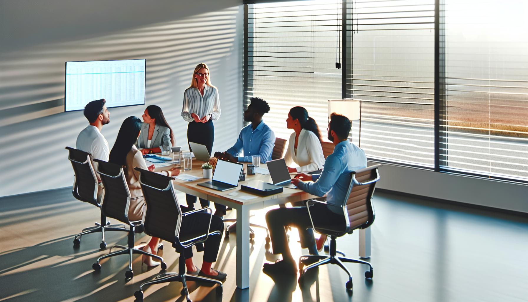 Bild einer Führungskraft, die ein Teammeeting im Büro leitet.