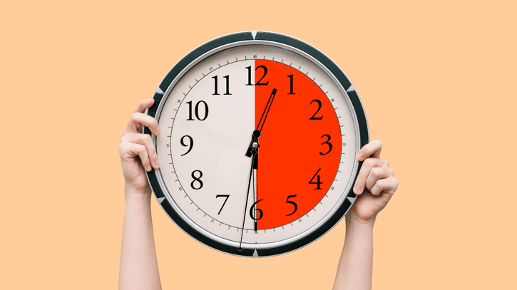 Hand holding round clock that shows half an hour symbolising time and a half