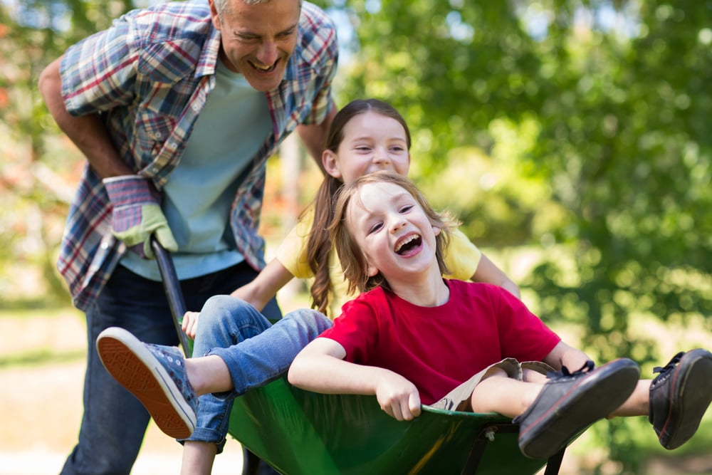 Happy father and his children playing with a wheelbarrow on a sunny day-1