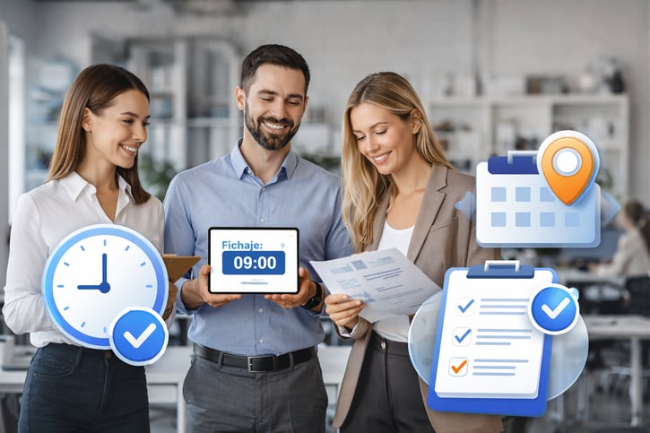 Managers y personal de oficina comprobando el registro horario y el fichaje laboral en un entorno de trabajo, con iconos de reloj, calendario y verificación.