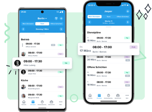 Die mobile App für dein Team. Schichten, Zeiten und Abwesenheiten immer griffbereit