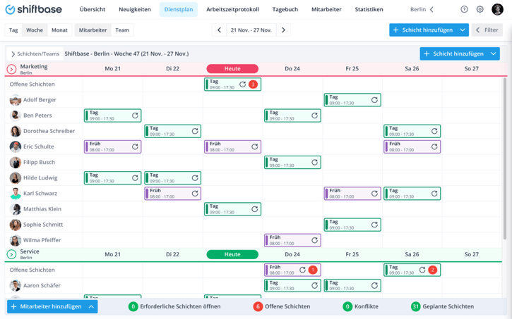 Shiftbase:  Enthält alle relevanten Schichtdaten der Mitarbeiter, inklusive Uhrzeiten und Positionen. Teste jetzt kostenlos!