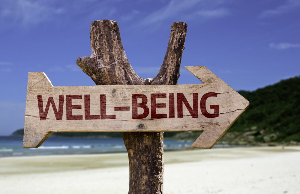 Well-Being wooden sign with a beach on background