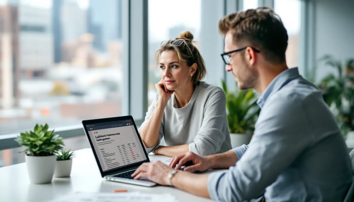 Zwei HR-Mitarbeitende sitzen an einem Laptop und entwickeln Stellenanzeigen, um qualifizierte Talente für ihr Unternehmen zu gewinnen. Sie arbeiten zusammen, um die besten Qualifikationen und Anreize für potenzielle Arbeitnehmer zu formulieren.- Know How