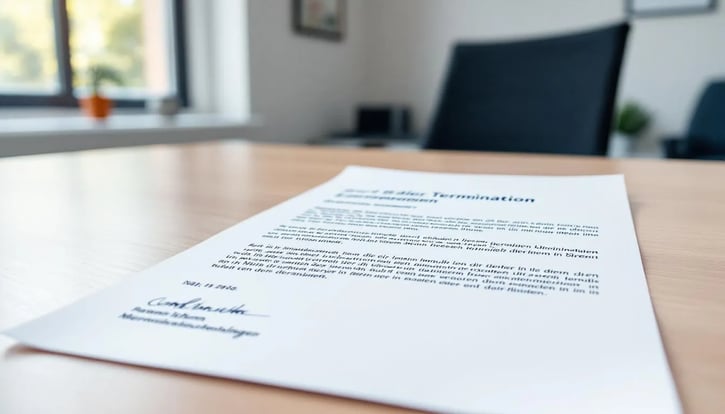 Musterschreiben ABlauf des Kalendermonats: Das Bild zeigt ein unterschriebenes Kündigungsschreiben, das von einem Arbeitgeber erstellt wurde, um eine ordentliche Kündigung des Arbeitsverhältnisses zu dokumentieren. Es enthält wichtige Informationen wie den Kündigungsgrund und die Einhaltung der Kündigungsfristen gemäß Arbeitsrecht.
