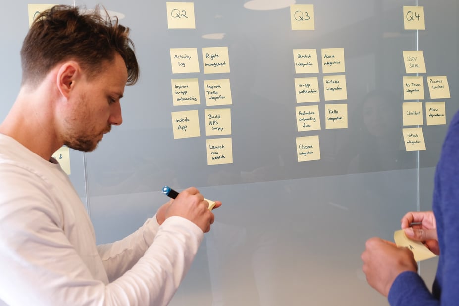 Man schrijft doelen op post its op de muur