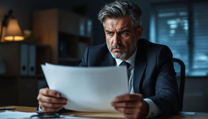 Arbeitsverhältnisses: Ein besorgter Beamter sitzt an einem Tisch und liest eine Suspendierungsmitteilung, die Informationen über die mögliche Freistellung von seiner Arbeit enthält. Der Ausdruck auf seinem Gesicht zeigt Besorgnis über die Auswirkungen dieser Entscheidung auf sein Arbeitsverhältnis und die damit verbundenen Rechte und Pflichten.