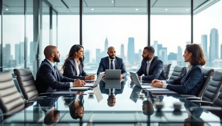 Auf dem Bild ist eine Gruppe von C-Suite Executives, darunter ein Chief Executive Officer (CEO) and a Chief Financial Officer (CFO), die an einem Konferenztisch eine strategische Besprechung abhalten. Sie diskutieren zentrale Geschäftsstrategien und Verantwortlichkeiten. Die Atmosphäre ist professionell und spiegelt den hohen Entscheidungsgrad wider, der für C-Level-Positionen in Unternehmen typisch ist