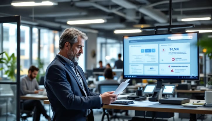 In dem Bild ist ein Arbeitgeber zu sehen, der die Sicherheit am Arbeitsplatz überprüft, um mögliche Gefährdungen zu identifizieren und entsprechende Arbeitsschutzmaßnahmen zu ergreifen. Der Fokus liegt auf der Durchführung einer Gefährdungsbeurteilung, um die Gesundheit und Sicherheit der Mitarbeiter zu gewährleisten.