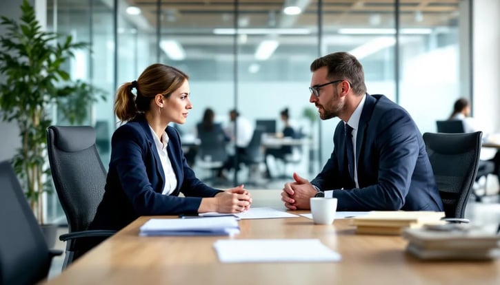 In einem ernsthaften Personalgespräch sitzen ein Arbeitgeber und ein Arbeitnehmer gegenüber und diskutieren wichtige Themen im Zusammenhang mit dem Arbeitsverhältnis, wie mögliche Gründe für eine Freistellung von der Arbeit oder die Regelungen zur Kündigung. Die Atmosphäre ist angespannt, da beide Parteien ihre Rechte und Pflichten abwägen.