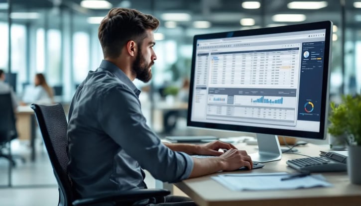 Ein Arbeitnehmer analysiert einen Arbeitszeitbericht mithilfe eines Online-Arbeitszeitrechners, um die tägliche Arbeitszeit, Arbeitsbeginn und Arbeitsende sowie Pausen zu berechnen. Der Rechner hilft bei der Erfassung der Arbeitszeiten und der Berechnung von Überstunden und Monatslohn.