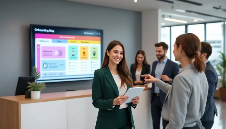 In der Abbildung begrüßen Teammitglieder einen neuen Mitarbeiter mit einer Willkommensmappe, die wichtige Informationen und eine Onboarding-Checkliste für den Einstieg in das Unternehmen enthält. Die Szene vermittelt eine freundliche Atmosphäre, die die Unternehmenskultur und Wertschätzung für neue Mitarbeiter betont.
