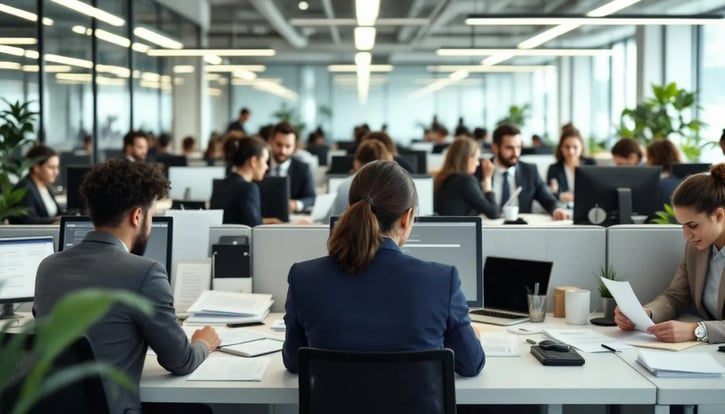 In der Abbildung sind Arbeitnehmer in einem modernen Büro zu sehen, die an ihren Schreibtischen arbeiten, was eine typische Szene einer 40-Stunden-Woche im Unternehmen darstellt. Die Atmosphäre spiegelt das klassische Vollzeitmodell wider, in dem viele Menschen täglich ihre Arbeitszeiten verbringen.