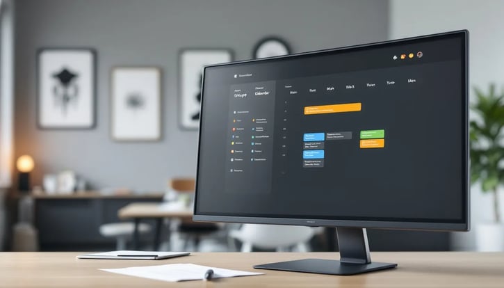 Online Kalender: Gruppenkalender-Anwendung auf dem Bildschirm im Büro.