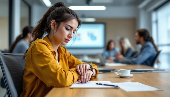 Boredom oder Burnout Syndrom - Eine Mitarbeiterin sitzt während eines Meetings und starrt gelangweilt auf die Uhr, was Anzeichen für Boreout und mangelndes Interesse an ihrer Arbeit zeigt. Diese Situation verdeutlicht die Symptome von Unterforderung und Langeweile im Job, die zu einem Zustand führen können, der mit dem Boreout-Syndrom in Verbindung steht.