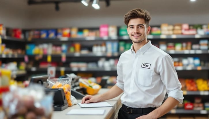 Minijob Zentrale: Ein junger Arbeitnehmer übernimmt eine offene Schicht im Einzelhandel, während er in einem Geschäft steht und mit einem Kunden spricht. Die Szene zeigt die Flexibilität von Minijobs und die Bedeutung von Arbeit auf Abruf in der heutigen Arbeitswelt.