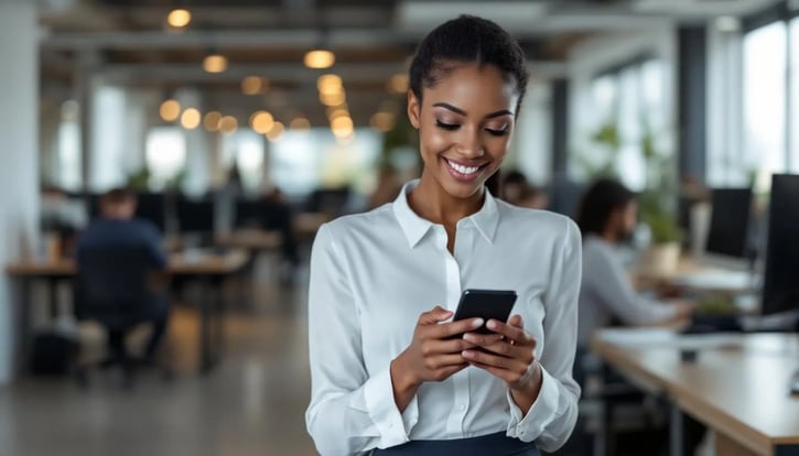 Eine Mitarbeiterin erfasst ihre Arbeitszeit mithilfe eines Smartphones, während automatisch Plusstunden ihrem Arbeitszeitkonto gutgeschrieben werden. Diese moderne Methode der Arbeitszeiterfassung ermöglicht einen klaren Überblick über die geleisteten Arbeitsstunden und die damit verbundenen Vorteile für die Arbeitnehmer.