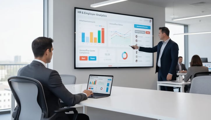 Die Abbildung zeigt ein modernes Büro mit einem digitalen Dashboard zur Zeiterfassung, das auf die Einhaltung der Vorschriften für Remote Work Compliance ausgerichtet ist. In der Mitte sind Mitarbeiter zu sehen, die an ihren Arbeitsplätzen sitzen und sich mit HR-Themen sowie Unternehmensrichtlinien befassen, um sicherzustellen, dass alle arbeitsrechtlichen Anforderungen erfüllt sind.