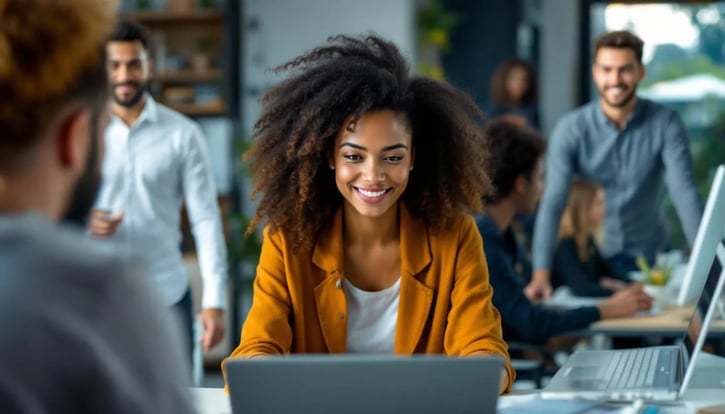 In einem virtuellen Meeting sind Mitarbeitende aus verschiedenen Orten versammelt, die im Rahmen der 